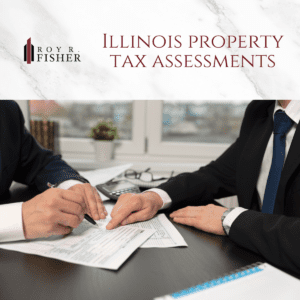 Two businesspeople discuss tax appeals for an Illinois property assessment.